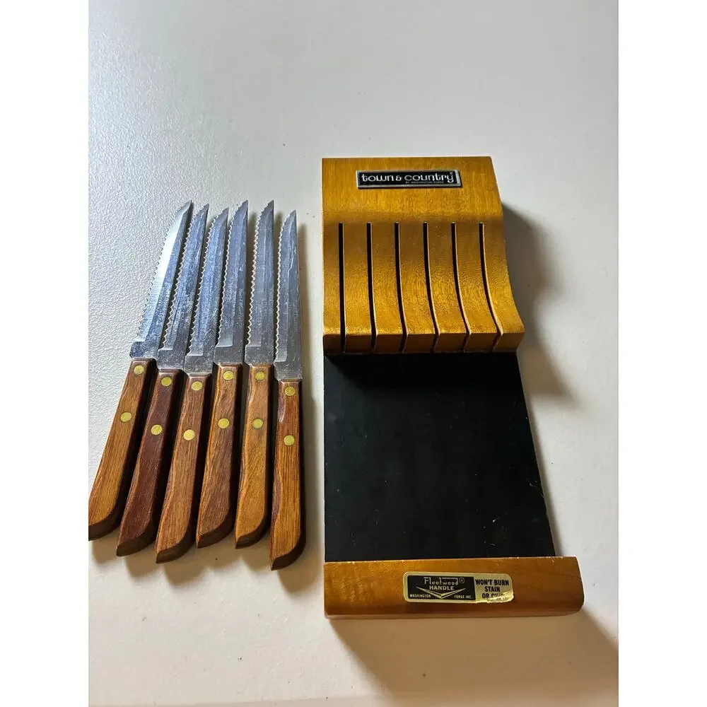 Vintage Town & Country Washington Forge 6 Steak Knives Wood Wall Rack Set USA